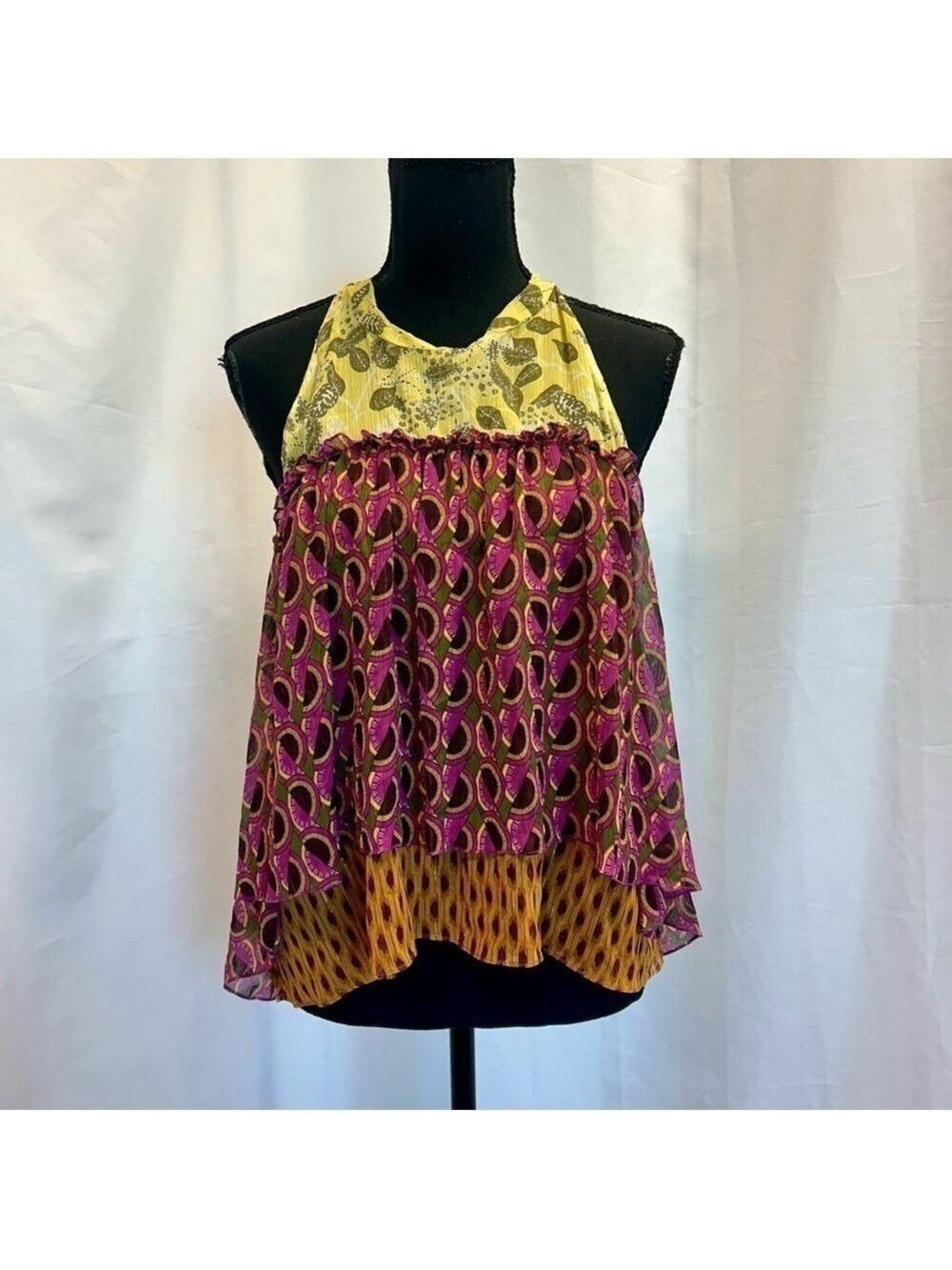 Zara multicolored metallic chiffon ruffle baby doll layered open back halter top